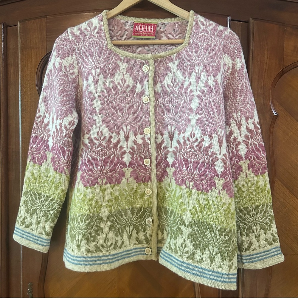 Women's Pink and Green Cardigan Sweater